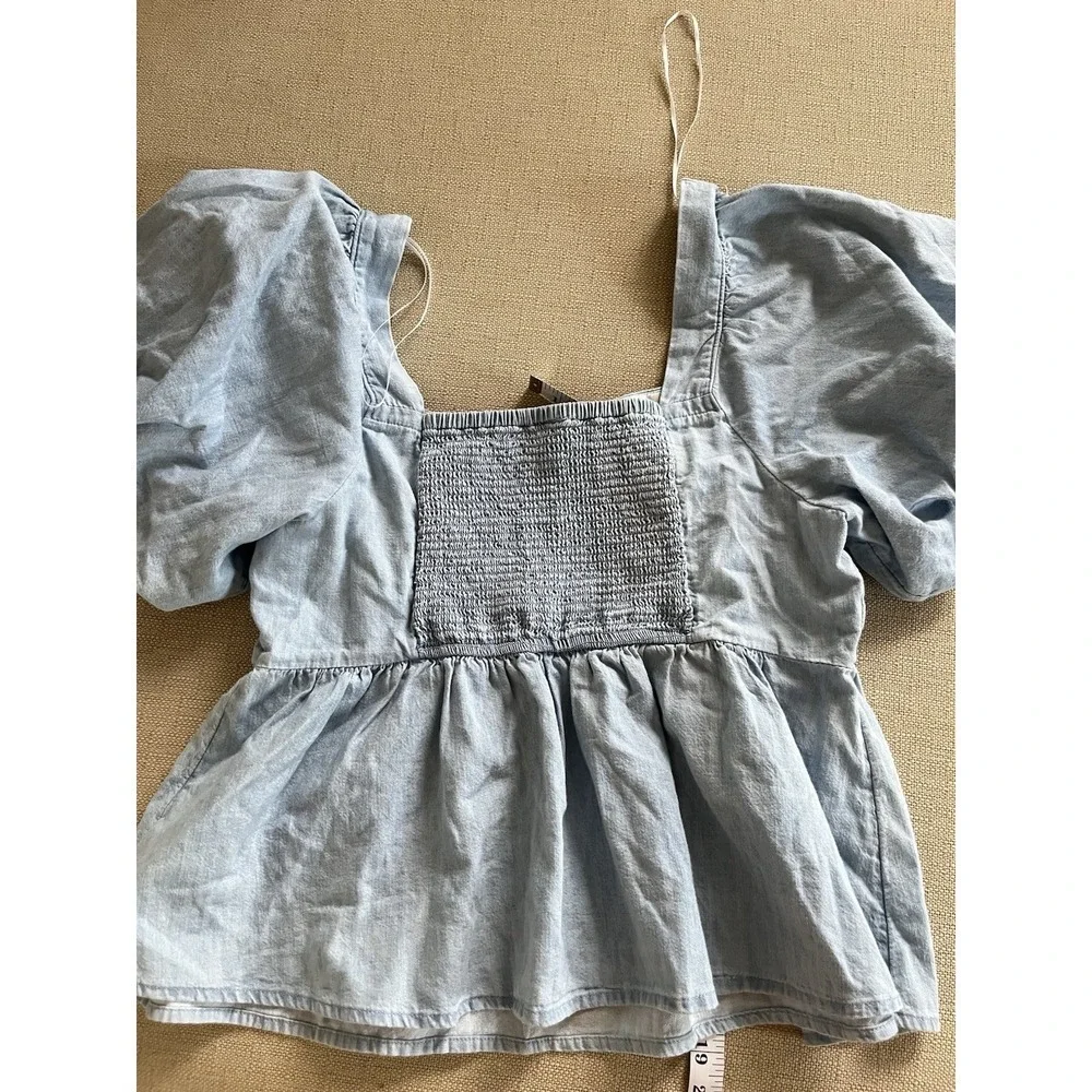 OLD NAVY Blue Peplum Top L Puff Sleeve Square Neck Cotton Casual Summer Chic